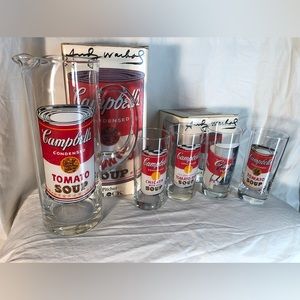 Vintage-Block, Andy Warhol Campbell’s Soup Pitcher & 4 - Glass Set